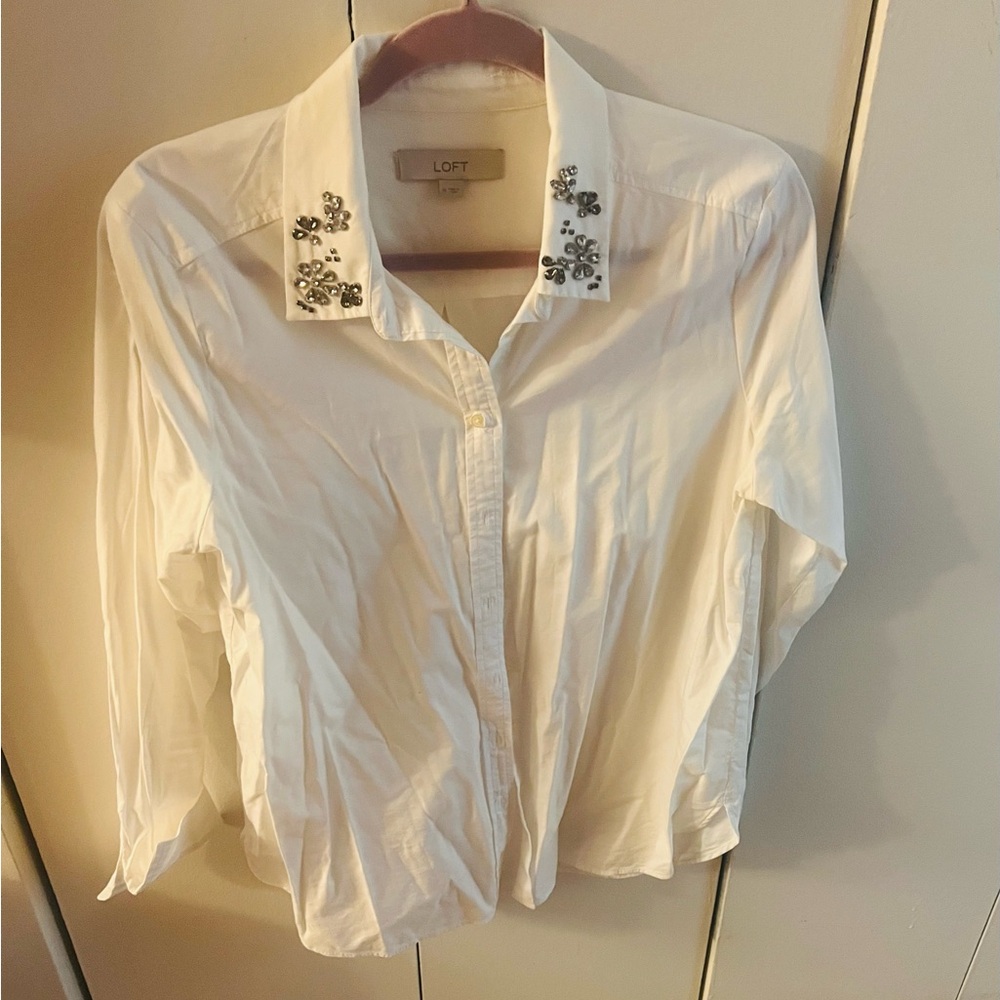 LOFT Women's White Embellished Collar Top